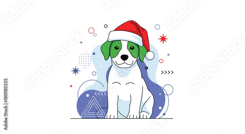 A Cheerful Puppy Wearing a Festive Red Santa Hat Surrounded by Snowy Decorations and Sparkles Enjoying the Holiday Season