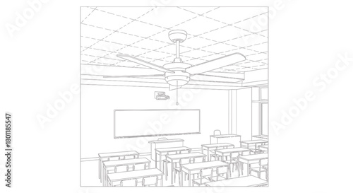 Classroom Interior with Ceiling Fan and Desks Line Art.