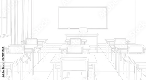 Classroom interior with desks and a large screen.
