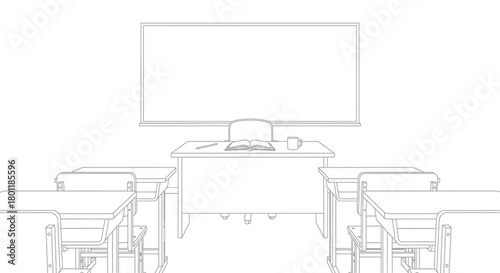 Classroom interior with desks and a whiteboard for education and learning.