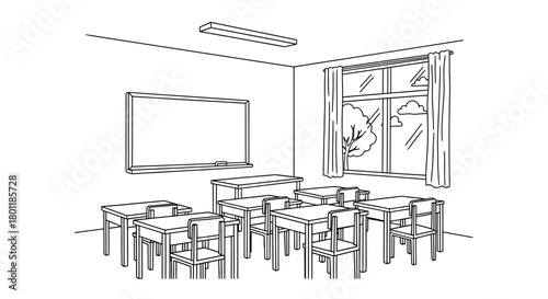 Classroom interior with desks and chairs arranged for students to learn.