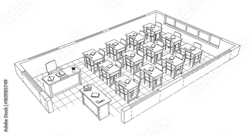 Classroom interior with desks and chairs arranged for learning.