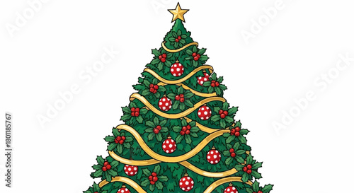 A beautifully decorated green Christmas tree with red ornaments, gold ribbons, and a shining star on top, set against a white background.