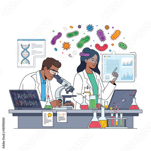 Scientists working in a lab with microscopes, laptops, and test tubes, conducting research and analysis on bacteria and dna, advancing scientific knowledge isolated on