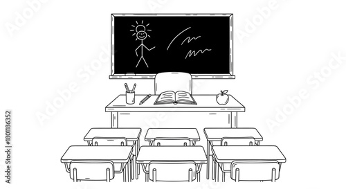 Classroom Scene with Desks, Teachers Table, and Blackboard Drawing.