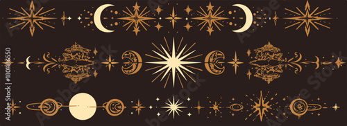 Vecteur céleste orné de lunes, étoiles et soleil, style bohème chic, fond sombre.