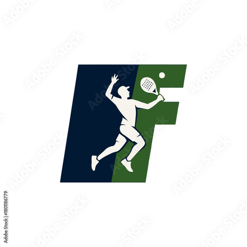Tennis player jumping to hit the ball with a racket, forming the letter F with a dark blue and green background