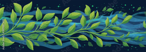 Vecteur de feuilles vertes sur fond bleu abstrait, concept de nature et de croissance