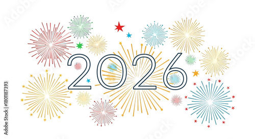 Happy New Year 2026 greeting card with colorful fireworks and stars on a white background.