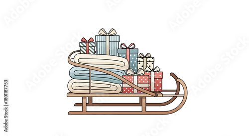 A classic wooden sled piled high with warm folded blankets and colorful wrapped gift boxes.