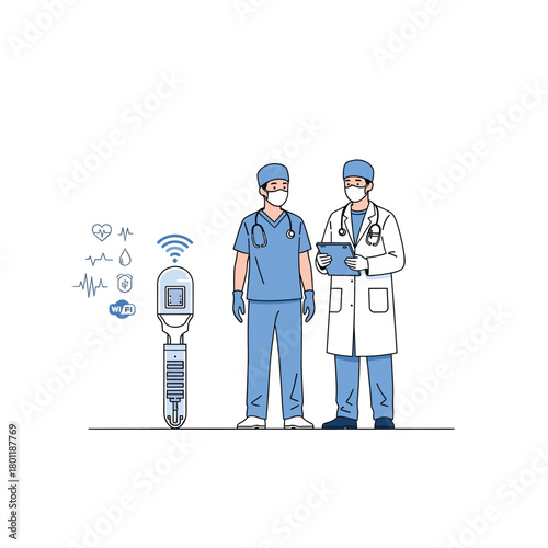 Medical staff with digital thermometer isolated on, featuring doctors, healthcare technology, and diagnostic equipment in a modern illustration