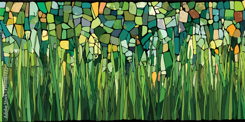 Illustration abstraite de nature avec des formes géométriques vertes et jaunes représentant l'herbe et les feuilles