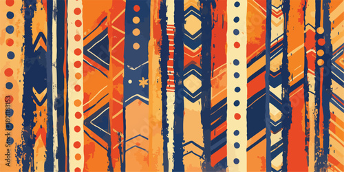 Motif ethnique abstrait avec des rayures verticales colorées et des formes géométriques