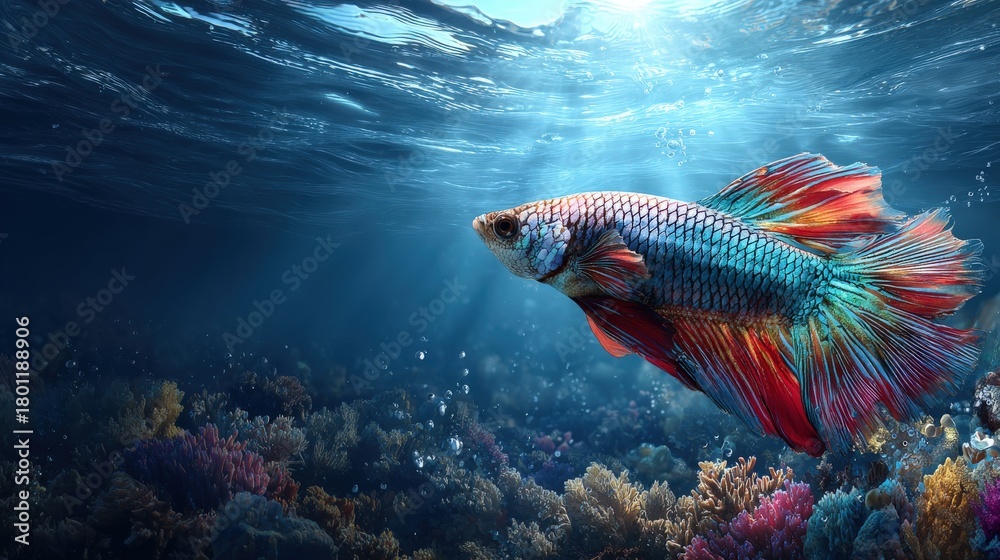 Fototapeta premium Vibrant tropical fish swims above colorful coral reef illuminated by surface light