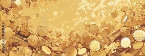 Vecteur abstrait de pièces d'or tombant sur un fond doré texturé, concept de richesse et de succès.