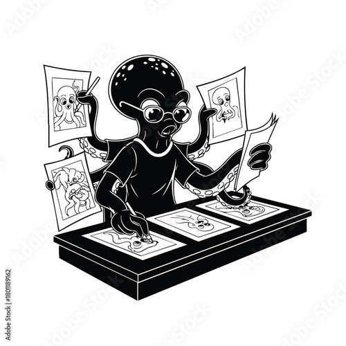 Octopus Artist With Multiple Arms Silhouette on White Background Drawing and Artwork Design