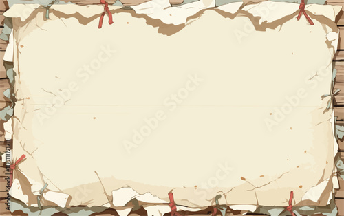 Cadre de papier vieilli et déchiré, fixé sur un fond en bois avec des pinces à linge rouges.