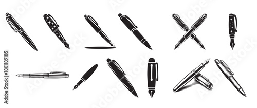 elegant fountain and ballpoint pen icon set