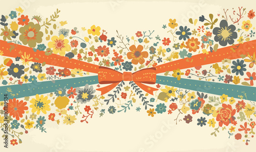 Vecteur floral vintage avec rubans décoratifs et nœud, motif coloré et joyeux pour la décoration.