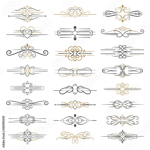 Elegant collection of decorative dividers and ornate separators, featuring intricate swirls and flourishes, isolated on, adding a touch of sophistication