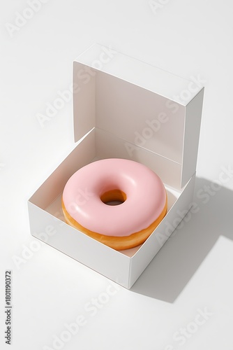 Soft pastel pink donut in an open white box, clean studio lighting and balanced shadows, perfect for minimal food and bakery design themes.
