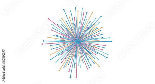 A vibrant abstract illustration features numerous colorful lines radiating outwards from a central point, symbolizing dynamic energy, connectivity, and data flow.