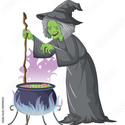 green witch stirring cauldron halloween scene clip art preview