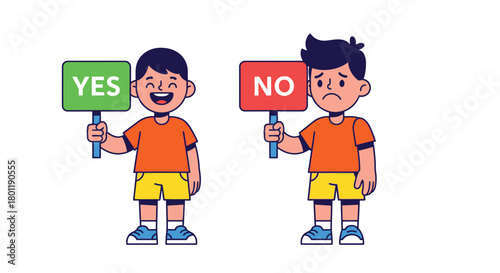 Two Boys Holding Yes and No Signs with Smiling and Frowning Faces