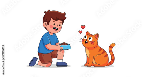 A young boy kneels, offering a bowl of food to a happy, orange tabby cat with hearts above its head.