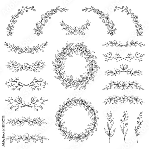 Collection of floral wreath and branch illustrations isolated on a set of delicate vector graphics for wedding invitations and botanical designs