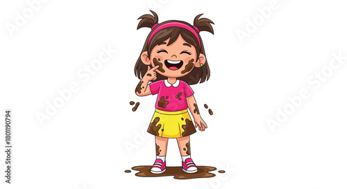 Cartoon girl covered in mud, smiling and happy.