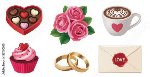 Romantic Valentine’s Day PNG illustrations set with heart box chocolates, roses, coffee cup, cupcake, wedding rings, and love letter