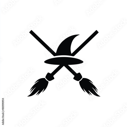 Halloween Witch Hat and Crossed Brooms Vector Illustration Black and White
