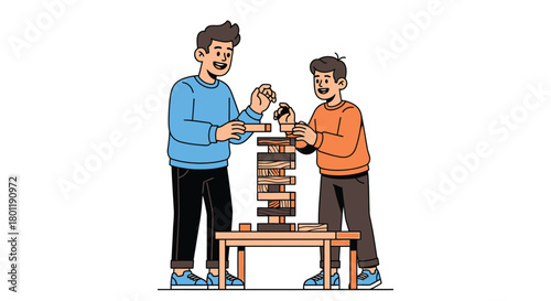 Two smiling men playing a Jenga-like block-stacking game together.