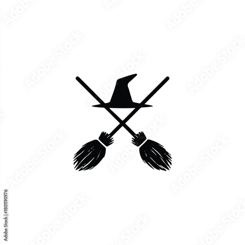 Halloween witch hat and crossed brooms vector illustration for design