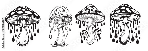 Four Graphic Mushroom Illustrations with Dripping Effect