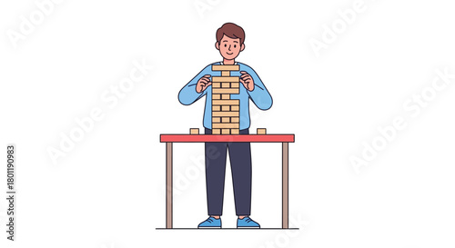 A person carefully stacking wooden blocks on a table, playing a game of Jenga.