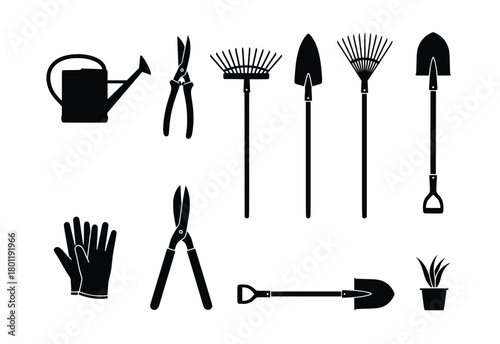  gardening tools and plants isolated on white background