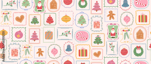 A Christmas pattern with frames, Santa Claus, a Christmas tree, a gift, a Christmas bauble, and a gingerbread man. A festive seamless design for wallpaper, packaging, and textiles.