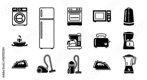 Set of black and white household appliances icons simple flat vector design elements isolated on white background