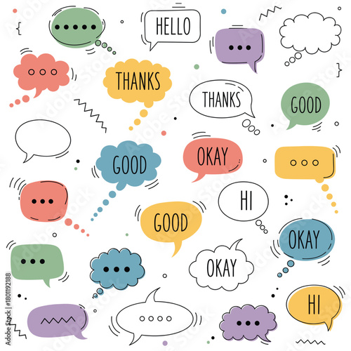Colorful speech bubbles with various messages isolated on, creating a playful and communicative pattern against a clean backdrop, ideal for design projects