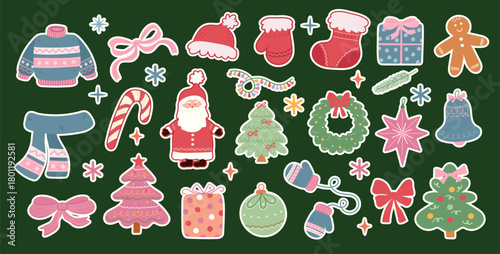 A collection of hand-drawn Christmas and New Year stickers. A cute set of festive winter elements for greeting cards and decor.