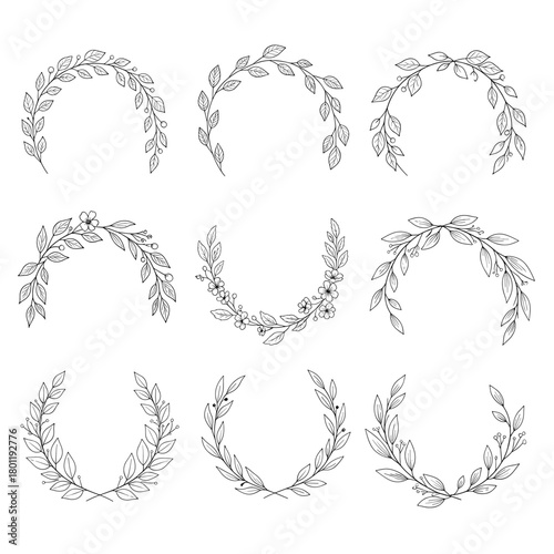 A graceful series of botanical wreaths, each adorned with delicate leaves and flowers, forms elegant semicircles against a pristine, exuding natural beauty