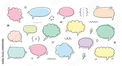 A delightful assortment of pastelcolored speech bubbles, each uniquely shaped and outlined, floats against a pristine white backdrop, creating a playful and whimsical scene