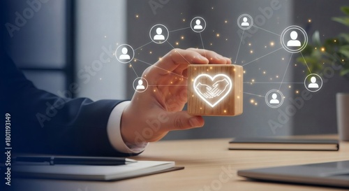Business trust network concept with hand presenting heart icon block