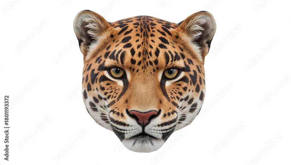 Obraz premium Jaguar face closeup isolated on the transparent background, realistic wild cat portrait with detailed fur, intense eyes, and natural markings