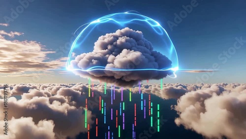 A conceptual image of cloud computing with data streams and an energy shield, floating above a cloud layer.