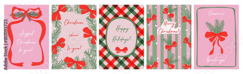 A set of hand-drawn vertical Christmas and holiday cards with red bows, fir branches, and festive patterns for seasonal greetings.