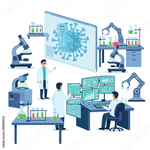Illustration of scientists working in a lab with microscopes, robots, and data analysis screens, researching viruses isolated on