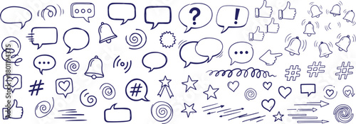 Vector art of set of handdrawn doodle icons for communication isolated on